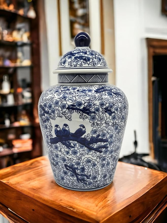 Festcool 12.5 in Blue and White Porcelain Floral Temple Ginger Jar Vase, China Qing Style (Blue B... | Amazon (US)