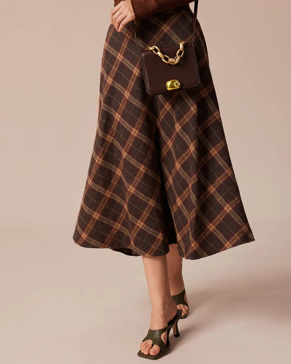 The Brown Elastic Waist Plaid A-Line Midi Skirt | rihoas.com