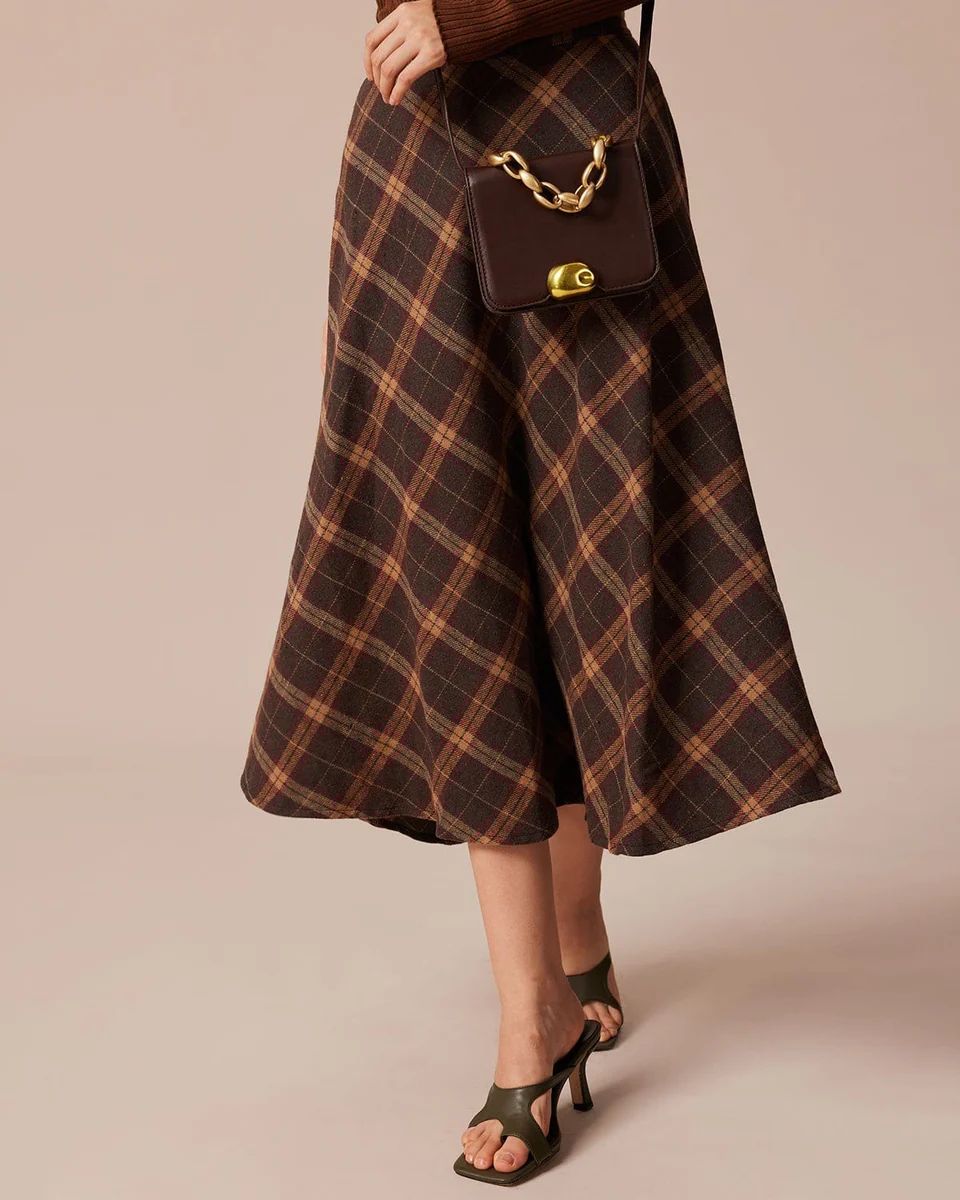 The Brown Elastic Waist Plaid A-Line Midi Skirt & Reviews - Brown - Bottoms | RIHOAS | rihoas.com