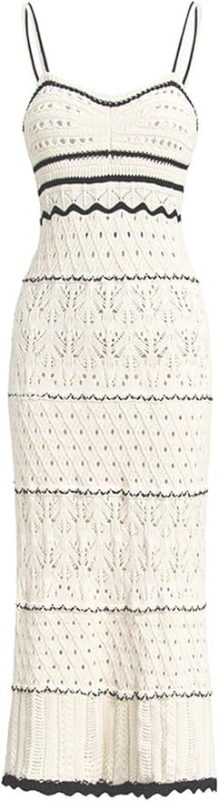 VELLORICA Women's Spaghetti Strap Dress Crochet Eyelet Sleeveless Striped Cami Midi Dress Summer ... | Amazon (US)