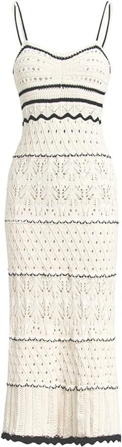 Women's Spaghetti Strap Dress Crochet Eyelet Sleeveless Striped Cami Midi Dress Summer Beach Knit... | Amazon (US)