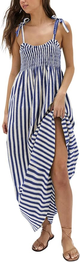 Lentta Women's Striped Smocked Maxi Dress Causal Spaghetti Strap Stretchy Flowy Swing Long Dress ... | Amazon (US)