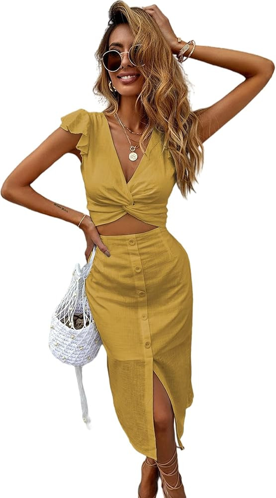 SheIn Women's Twist Plunging Neck Ruffle Crop Blouse Top 2 Pieces Midi Skirt Set | Amazon (US)