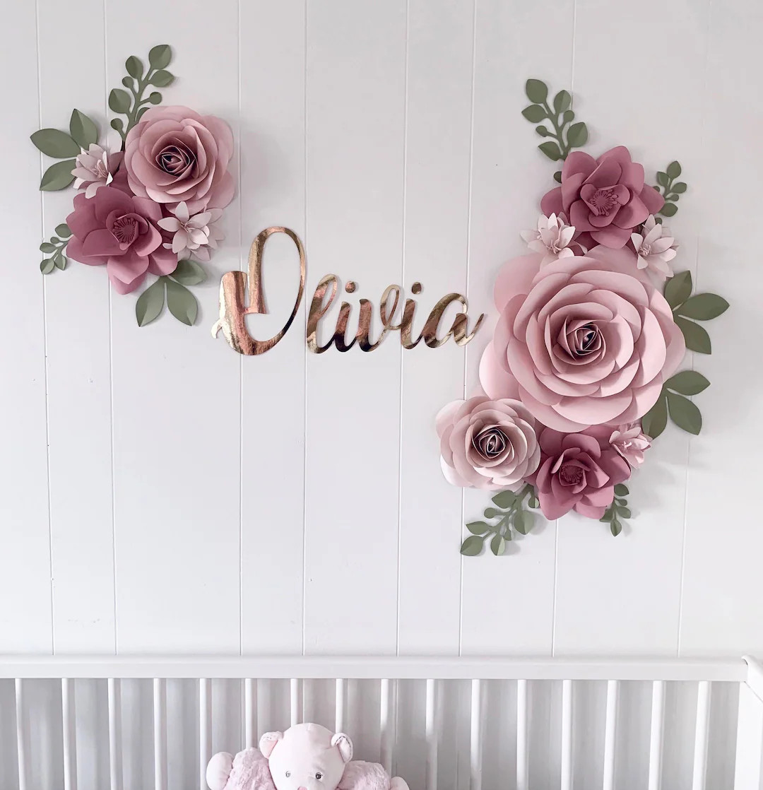 Paper Flower Wall Decor Set: Pink Nursery Flowers & Name Sign - Etsy | Etsy (US)