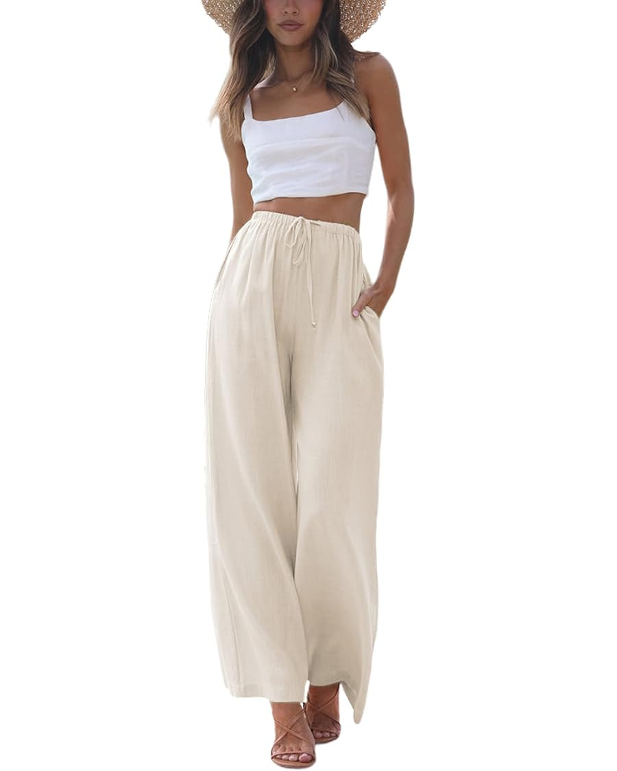 Faleave Women's Cotton Linen Summer Palazzo Pants Flowy Wide Leg Beach Trousers with Pockets | Amazon (US)