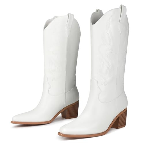 White Cowboy Boots for Women Mid Calf - Women's Tall Embroidered Cowboy Boots Chunky Heel Pointed Toe Western Country Boots | Amazon (US)