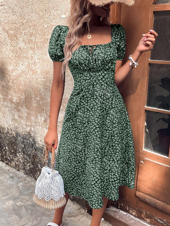 SHEIN VCAY Ditsy Floral Print Tie Front Puff Sleeve Dress | SHEIN