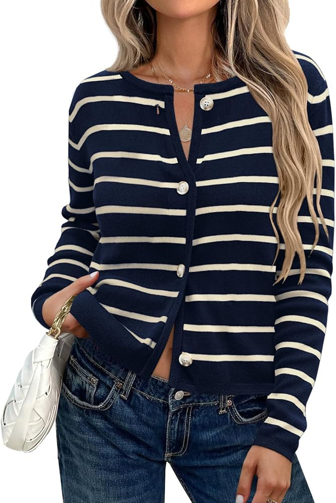 Elesomo Womens Striped Cardigan Business Casual Crew Neck Button Front Cardigans Sweater | Amazon (US)