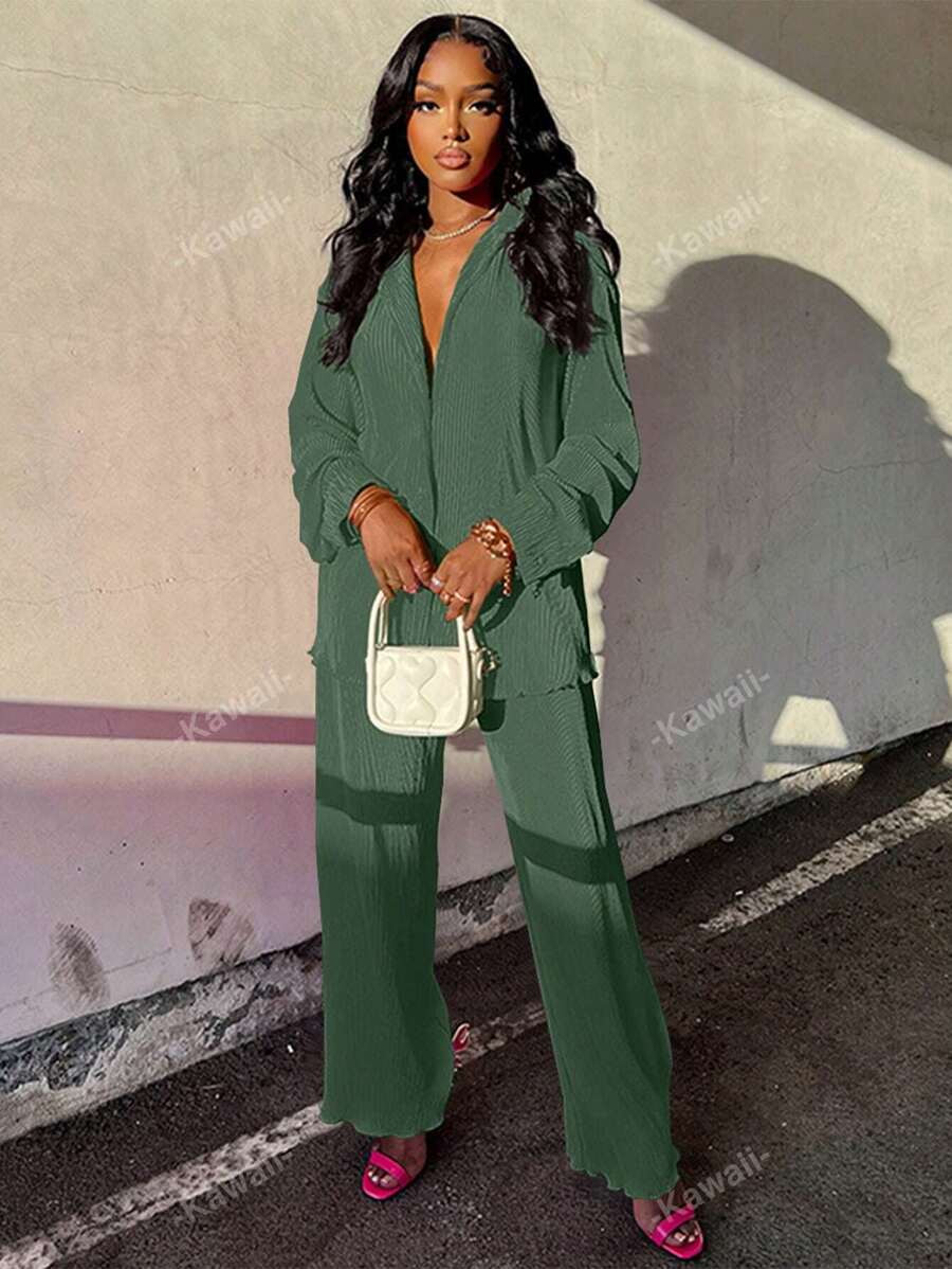 2pcs Women's Fashionable Pleated Shirt And Comfortable Wide Leg Pants Set | SHEIN