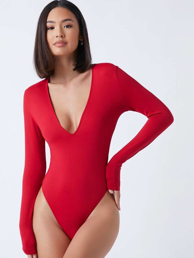 SHEIN BASICS Plunging Neck Solid Fitted Bodysuit | SHEIN