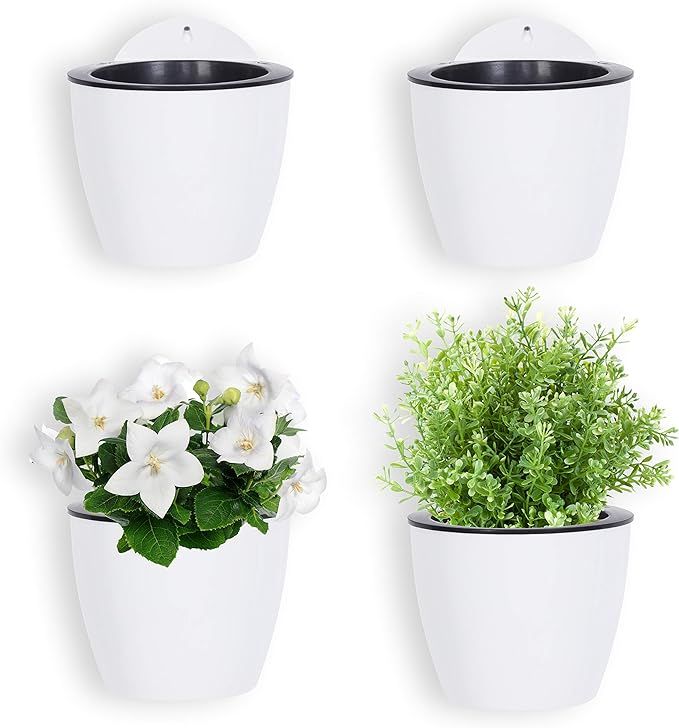 MyGift Wall Mounted White Plastic Hanging Self Watering Planter Pot, Small Flower Cactus Herbs Pl... | Amazon (US)