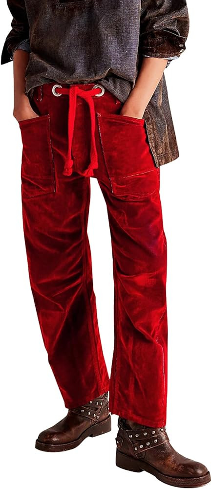 LifeShe Women Velvet Pants Baggy Barrel Velour Pants Mid Waist Drawstring Trousers | Amazon (US)