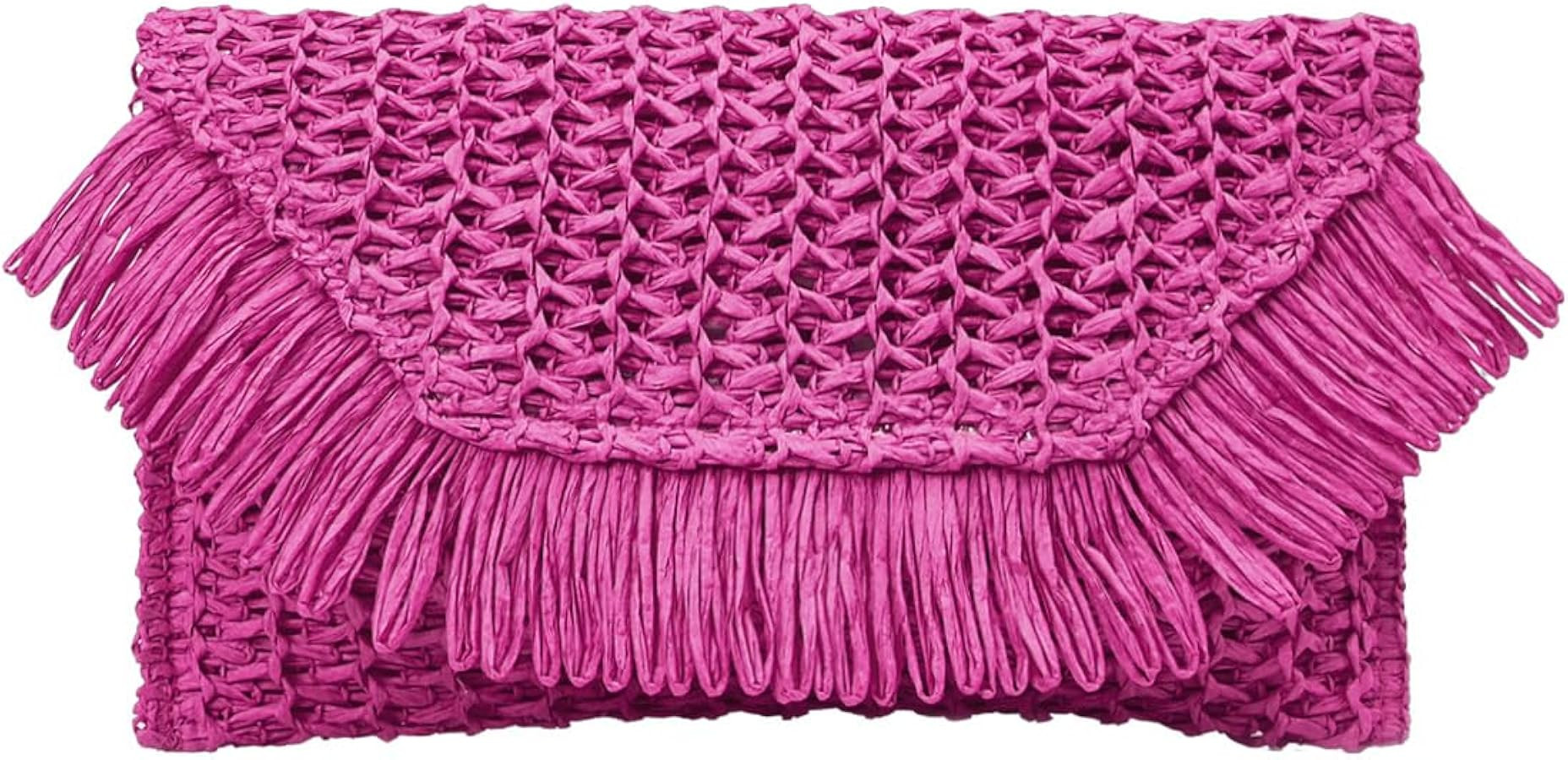 OYOANGLE Women's Fringe Trim Flap Straw Handbags Solid Plain Fashionable Vacation Clutch Purses | Amazon (US)