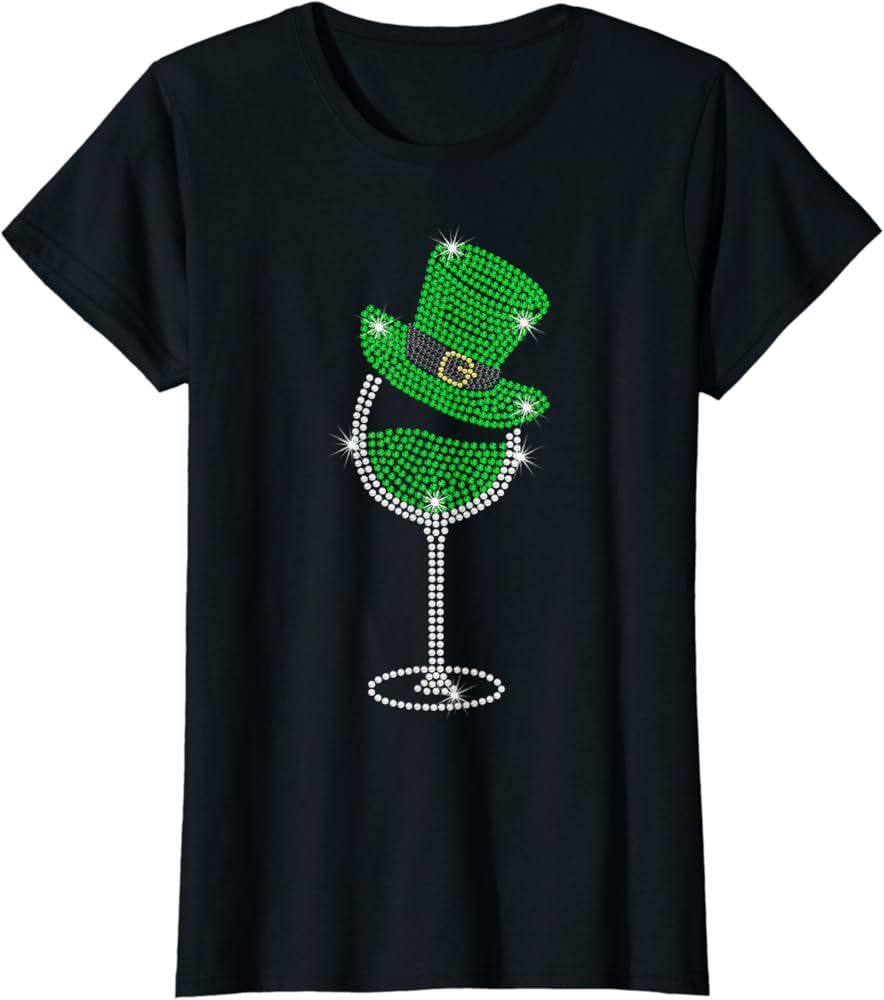 Rhinestone Wine Glasses Drinking St Patricks Day Girl Women T-Shirt | Amazon (US)
