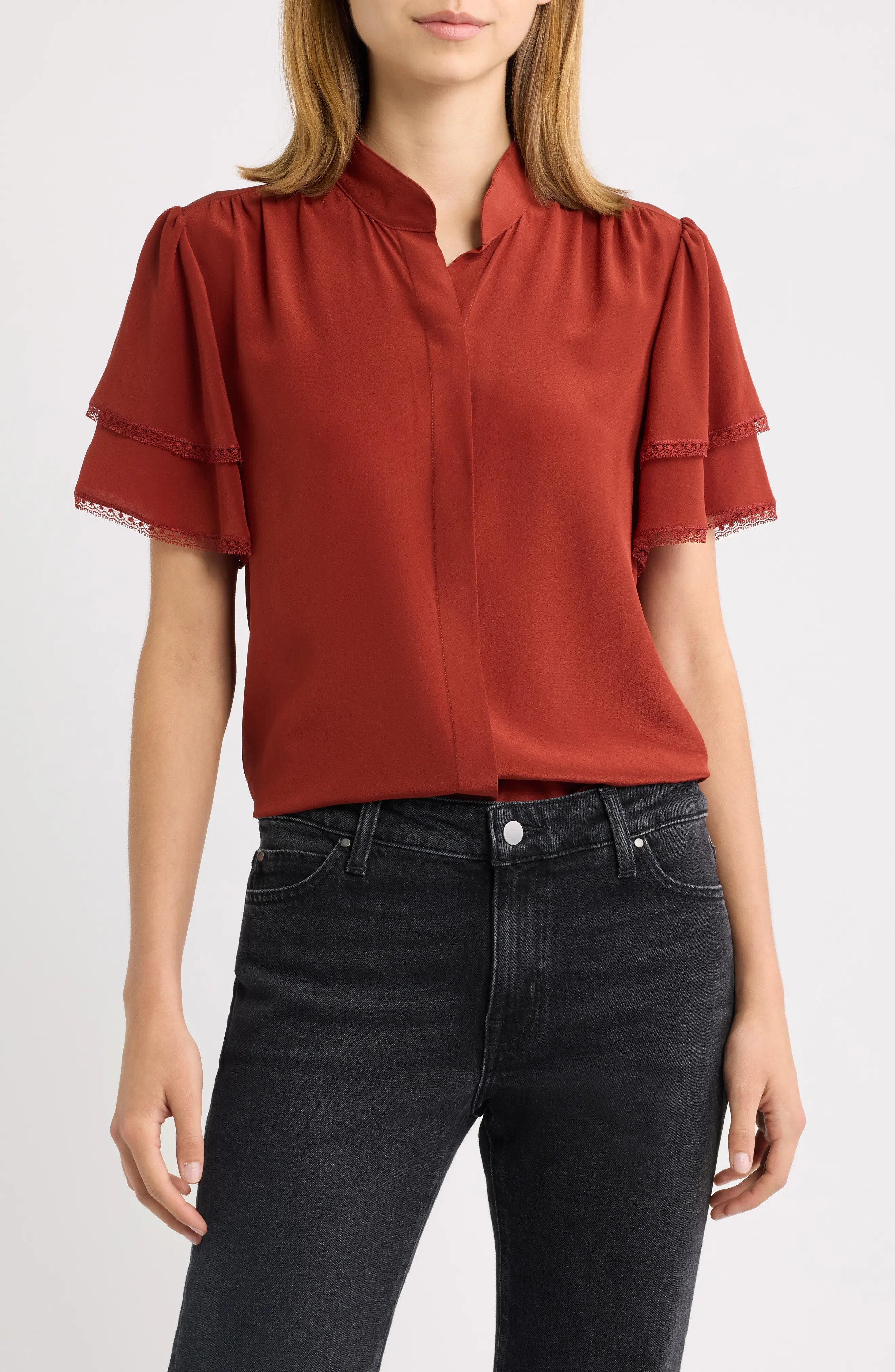 FRAME Arcadia Layered Ruffle Silk Top in Black at Nordstrom, Size Medium | Nordstrom