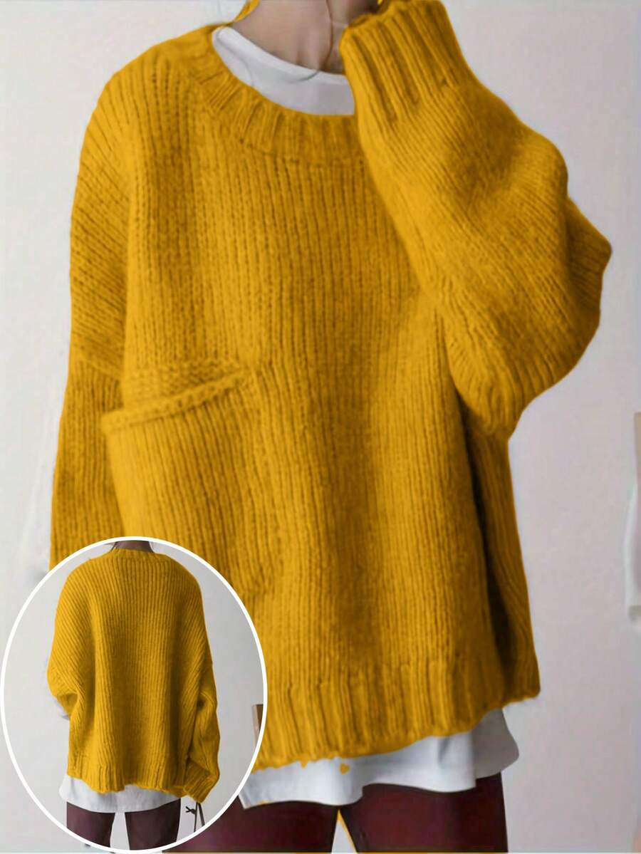 Fall/Winter Side Single Pocket Long-Sleeved Crewneck Pullover Sweater | SHEIN