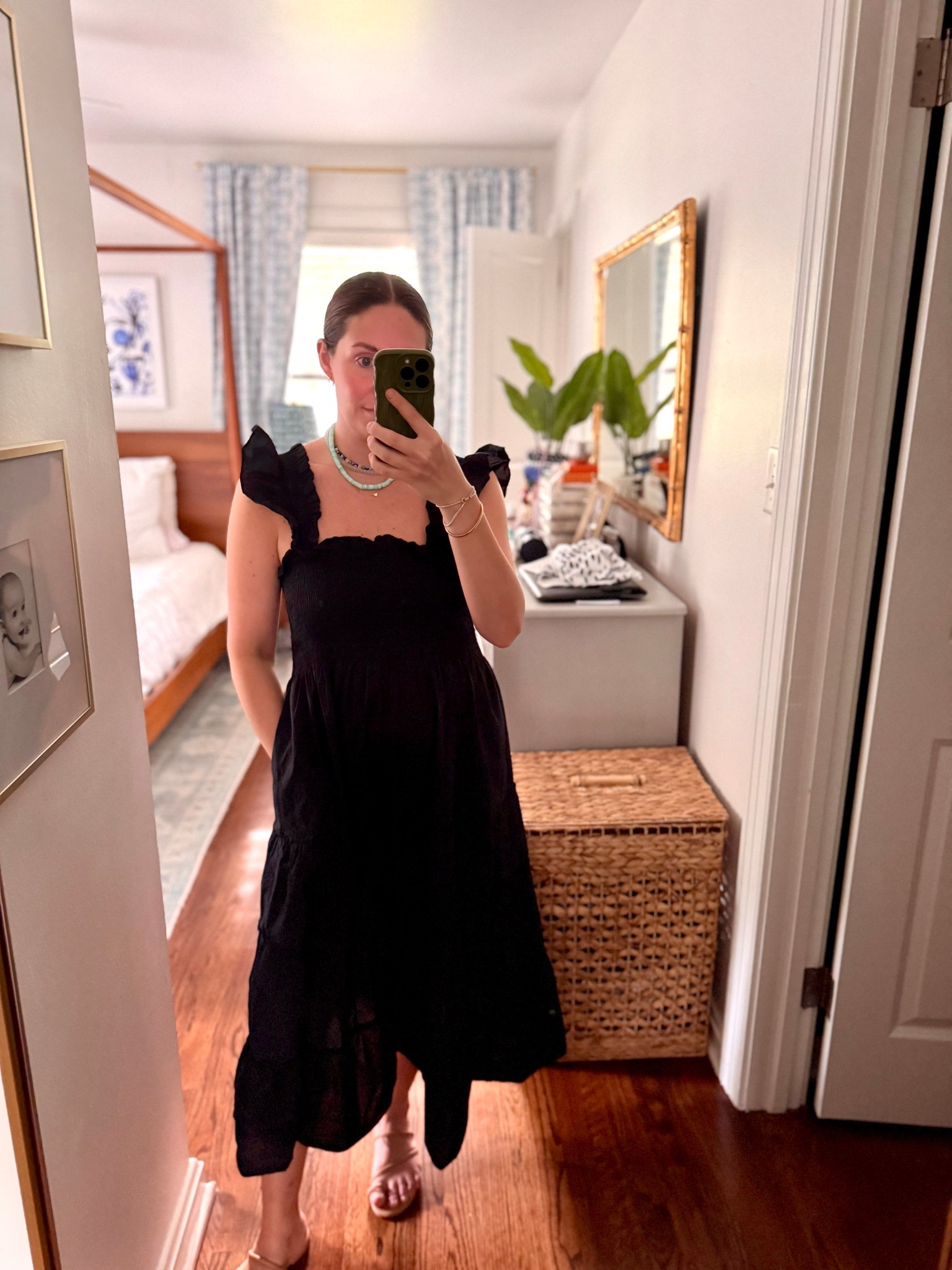 Transitional seasonal outfit. This dress is great for now and fall. Fall outfit. Hill house. Nap dress. Black dress. Black midi dress. Sale alert. Midi dress. Sandals. Under $200. Mom outfit. Bump friendly outfit. LTKsalealert. LTKseasonal. LTKbump. 

#LTKSeasonal #LTKBump #LTKSaleAlert