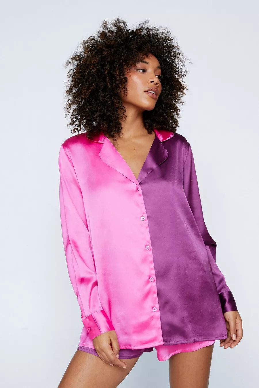 Satin Colorblock Pajama Shirt And Short Set | Nasty Gal (US)