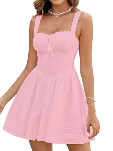 HTZMO Women Summer Casual Square Neck Mini Sundress Corset A Line Flowy Swing Cute Graduation Party Short Dress Pink M | Amazon (US)