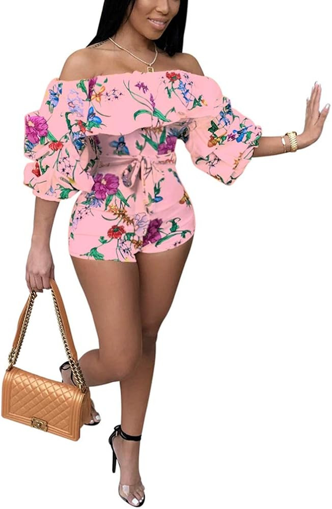 Deloreva Women Sexy One Piece Romper Outfits Pull Sleeve Floral Print Off Shoulder Short Jumpsuit Pa | Amazon (US)