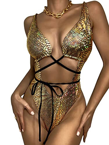 UCadego Women's Metallic Snakeskin One Piece Swimsuits Rave Outfit Bathing Suits Gold M | Amazon (US)