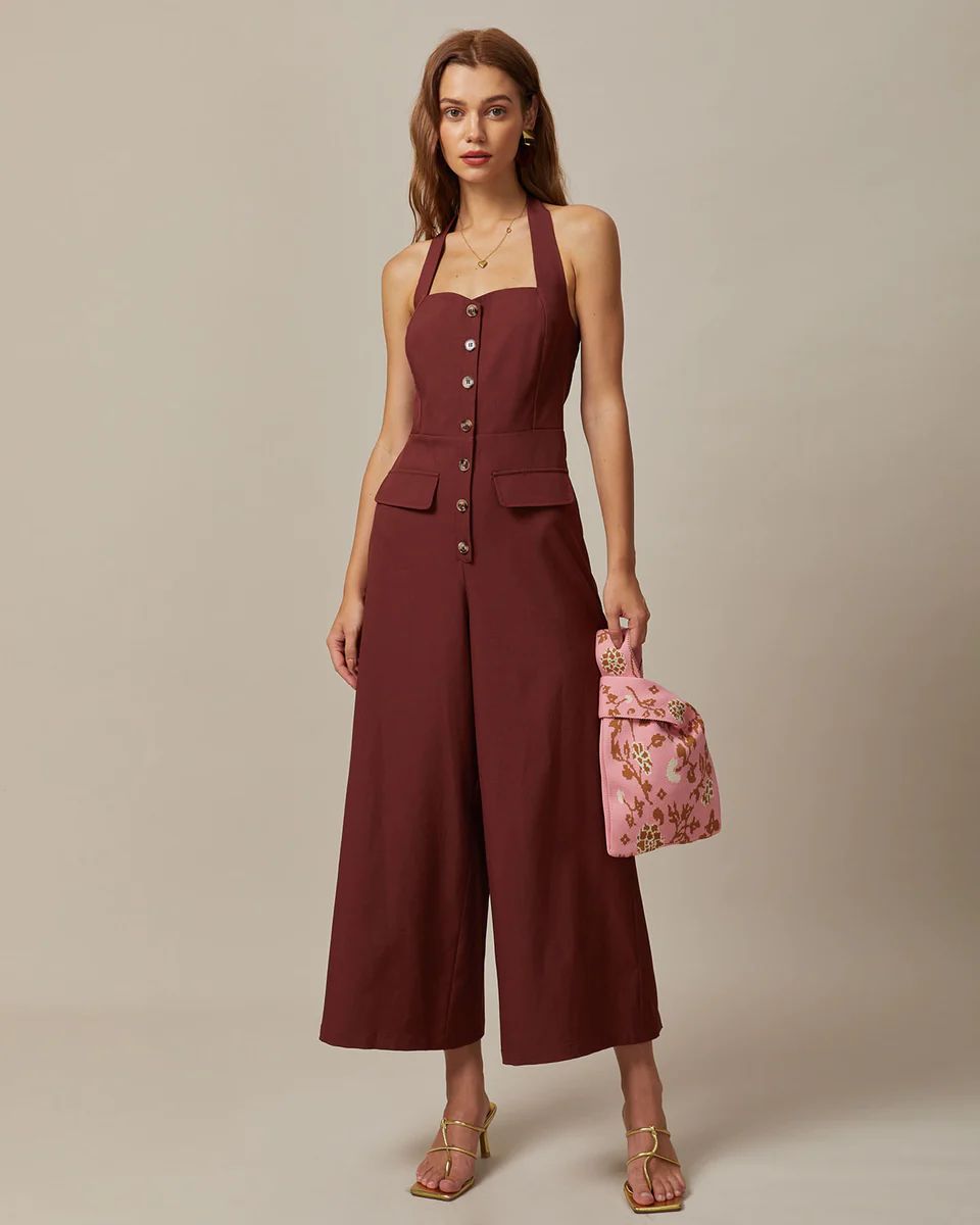 The Brown Halter Button Up Backless Jumpsuit | rihoas.com
