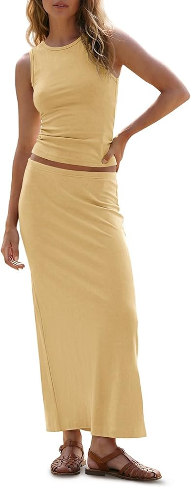 Wenrine Womens 2 Piece Outfits Sleeveless Ruched Tank Tops Casual Maxi Long Skirts Sets Summer Sl... | Amazon (US)