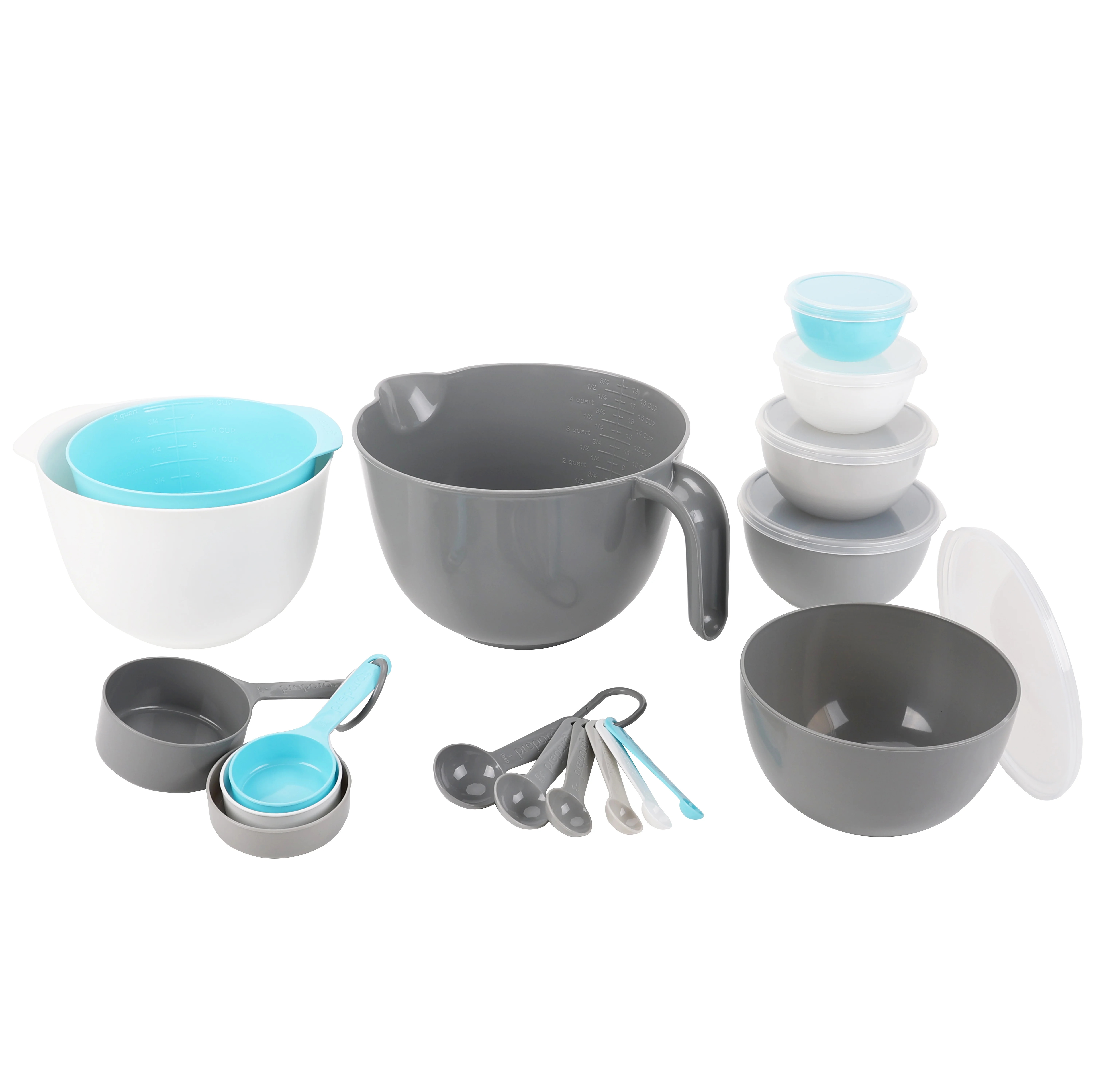 Prepara Mixing Bowl Set, 23 Pieces with Lids, Measuring Cups and Spoons, Gray | Walmart (US)