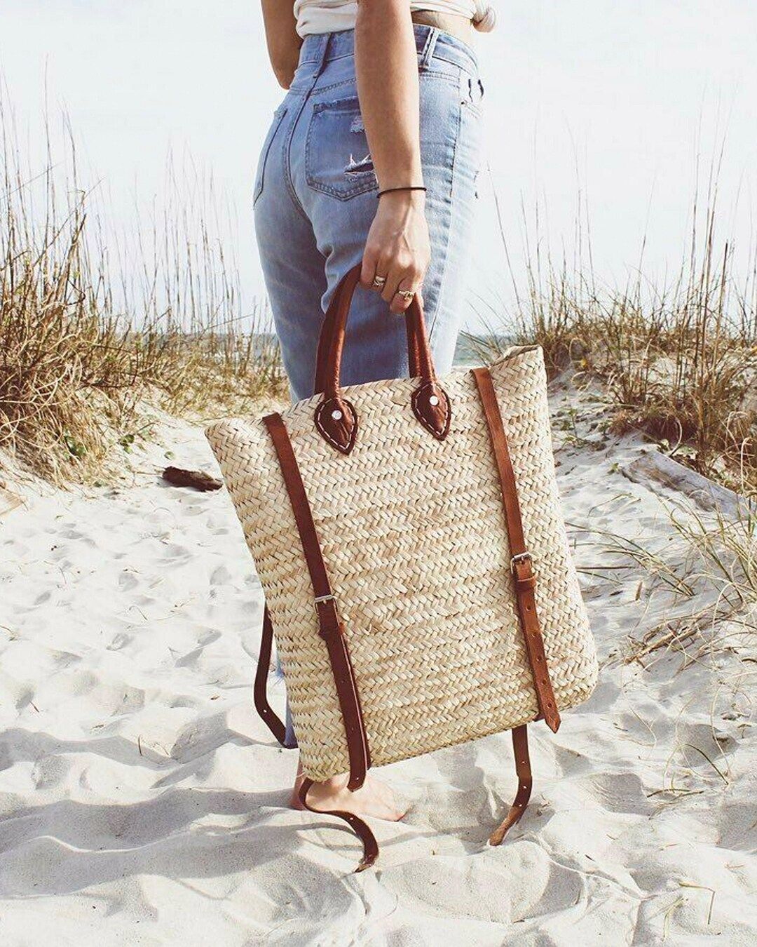 beach backpack straw picnic basket with a leather fruit basket, farmers market bag, French Market... | Etsy (US)