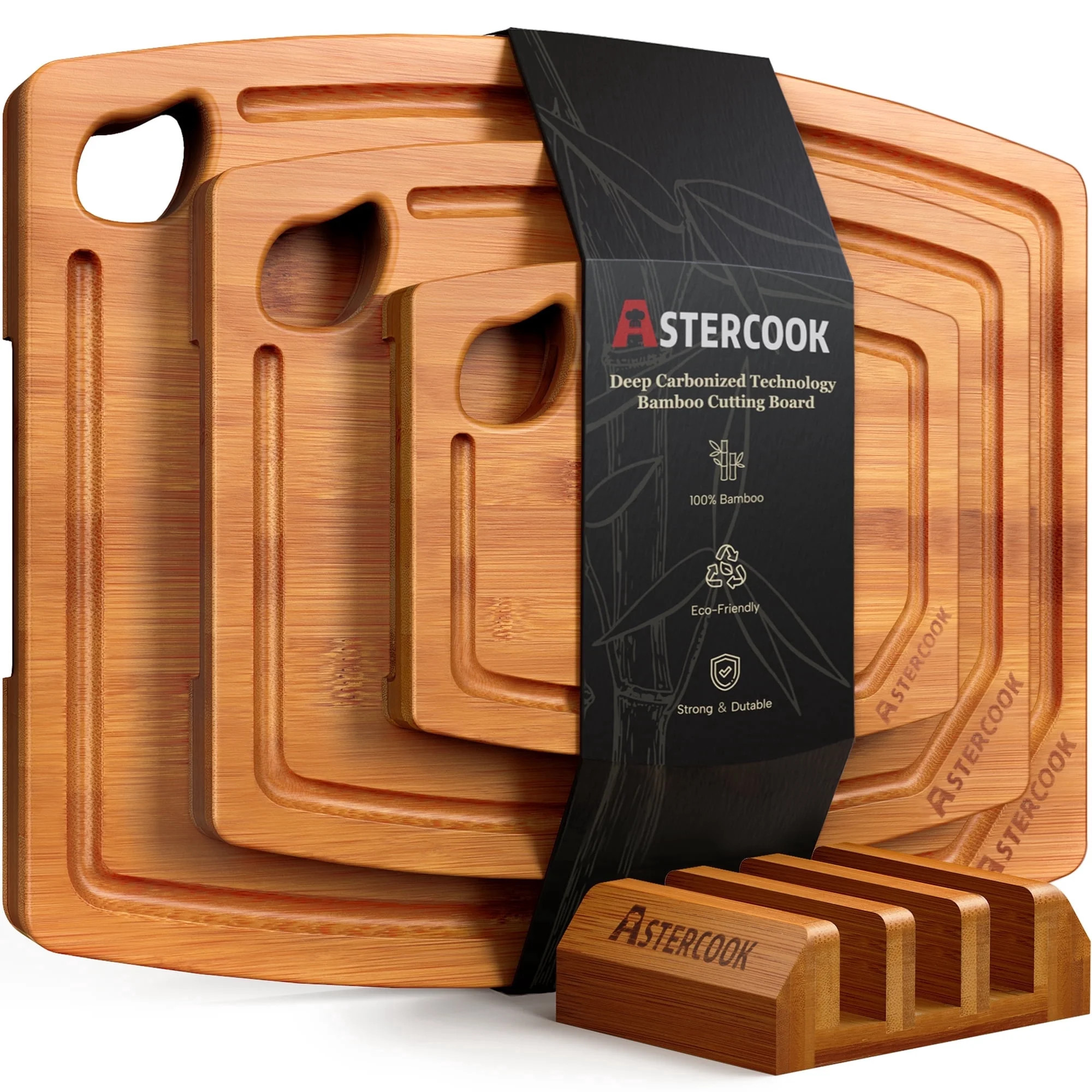 Astercook 4-Piece Bamboo Cutting Board Set with Holder, Deep Carbonized Wood Chopping Boards for Kitchen with Juice Groove and Handles, Knife-Friendly Charcuterie Boards for Meal Prep and Serving | Walmart (US)