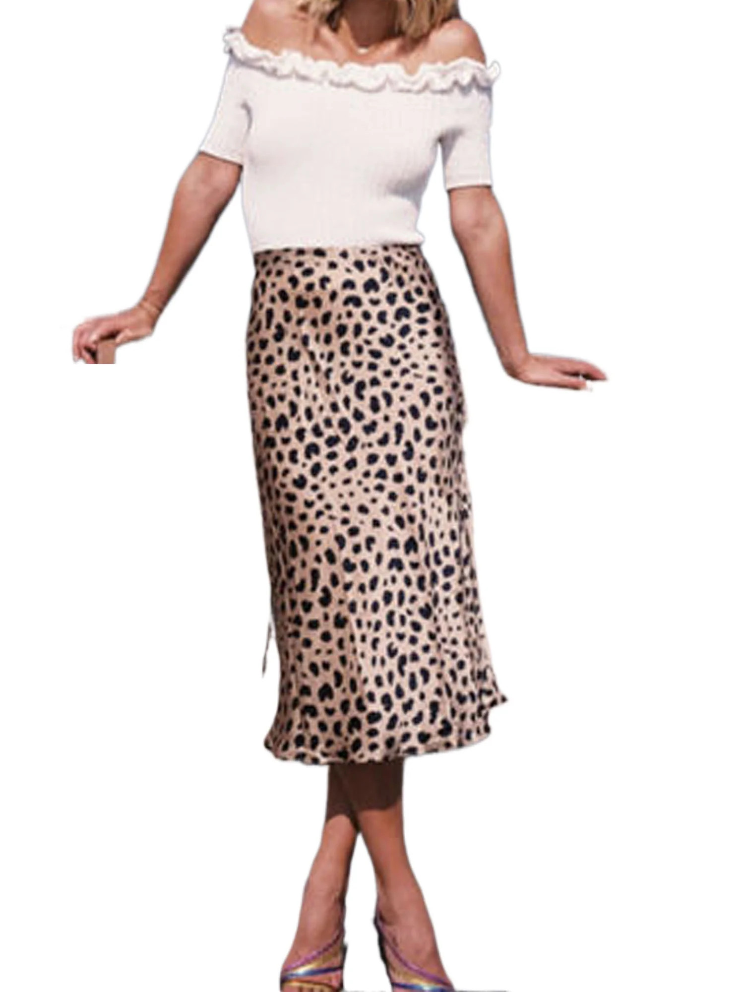 Women High Waist Leopard Print Skirt Midi Length Elasticized Waistband Silk Satin Cheetah Bodycon... | Walmart (US)