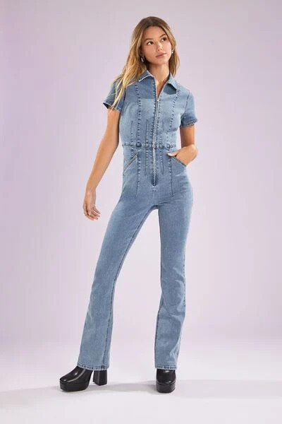 Zip-Up Denim Short-Sleeve Jumpsuit | Forever 21