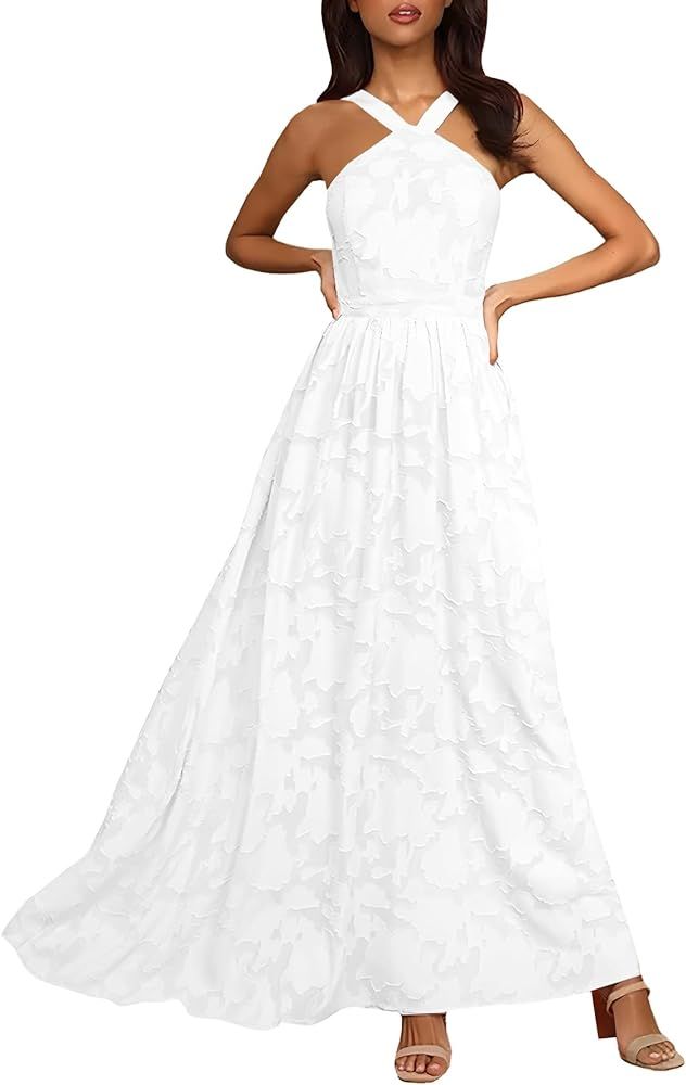 MITILLY Women's Summer Dresses 2024 Boho Halter Neck Sleeveless Smocked Floral Backless A Line Fl... | Amazon (US)