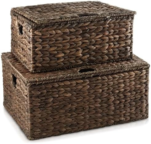 Casafield Set of 2 Water Hyacinth Rectangular Storage Baskets with Lids (Espresso - Medium/Large)... | Amazon (US)