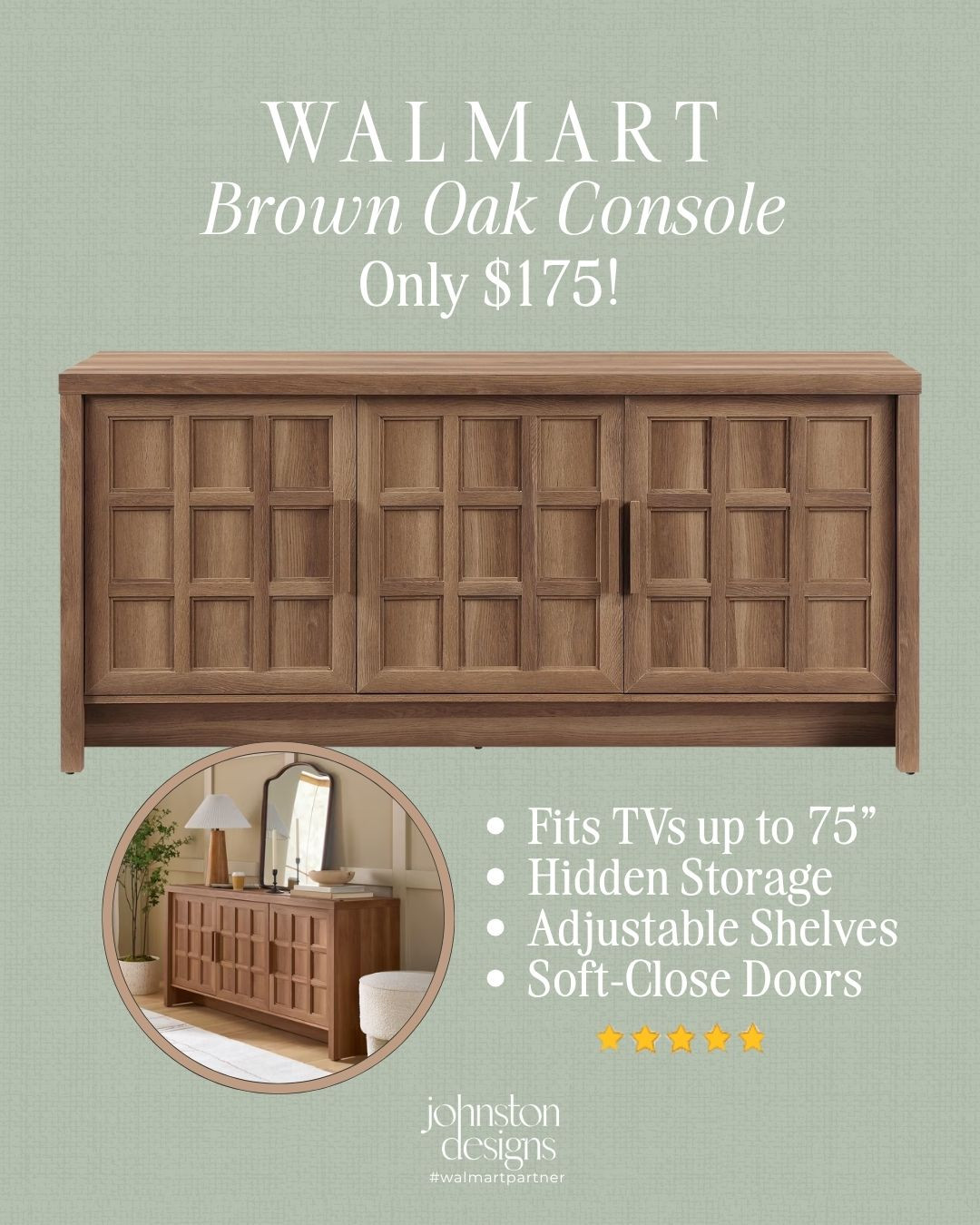 Obsessed with this Walmart brown oak console. Such a pretty designer-look find for the price! Love the hidden storage, adjustable shelves, soft-close doors, and that it fits TVs up to 75”. Such a good affordable home find for a living room, entryway, or dining room.

Walmart home, Walmart finds, Walmart furniture, brown oak console, media console, TV stand, hidden storage, adjustable shelves, soft close doors, living room furniture, affordable home finds, designer look for less, organic modern, neutral home decor, console cabinet, Better Homes and Gardens 

 #LTKHome