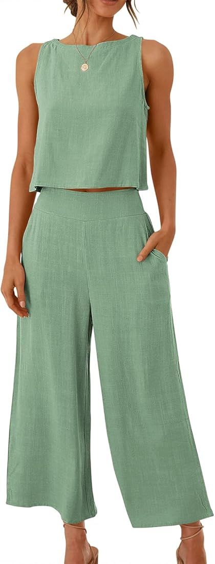 ANRABESS Women's Summer 2 Piece Outfits Sleeveless Tank Crop Button Back Top Cropped Wide Leg Pants  | Amazon (US)