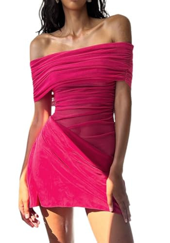 Sexy Red Dress for Women Off The Shoulder Short Sleeve Mini Dresses Bodycon Cocktail Mesh Dresses | Amazon (US)