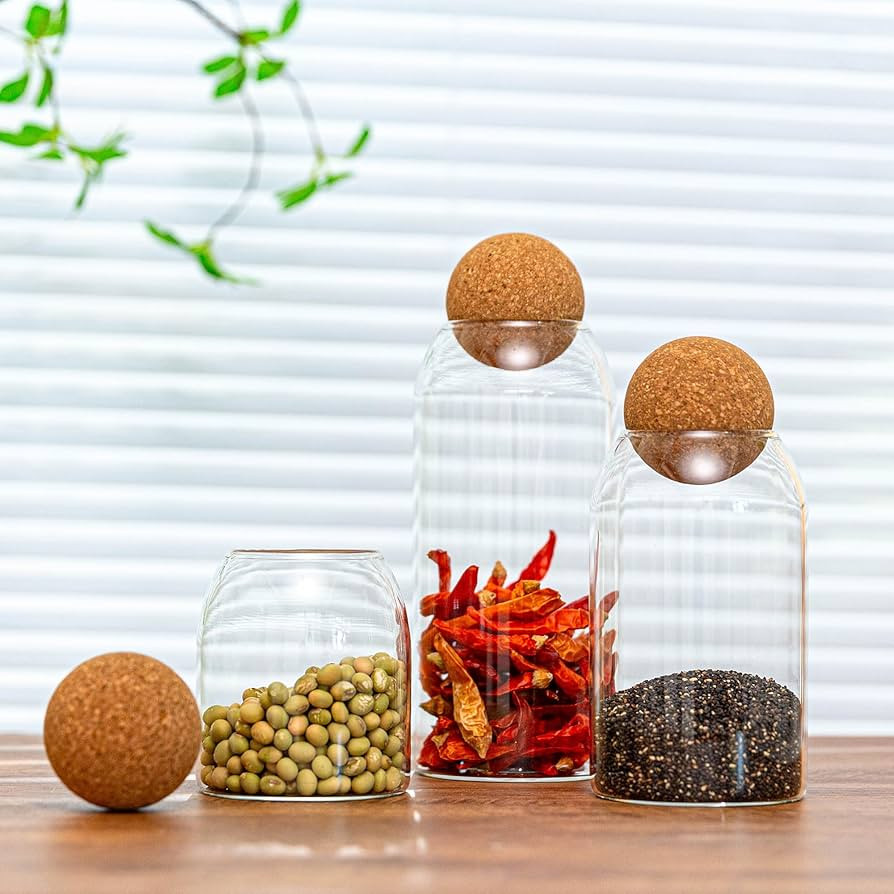 Glass Storage Jars with Ball Cork Lids - 3 Pcs Set, Decorative Round Glass Canisters, Wood Ball L... | Amazon (US)