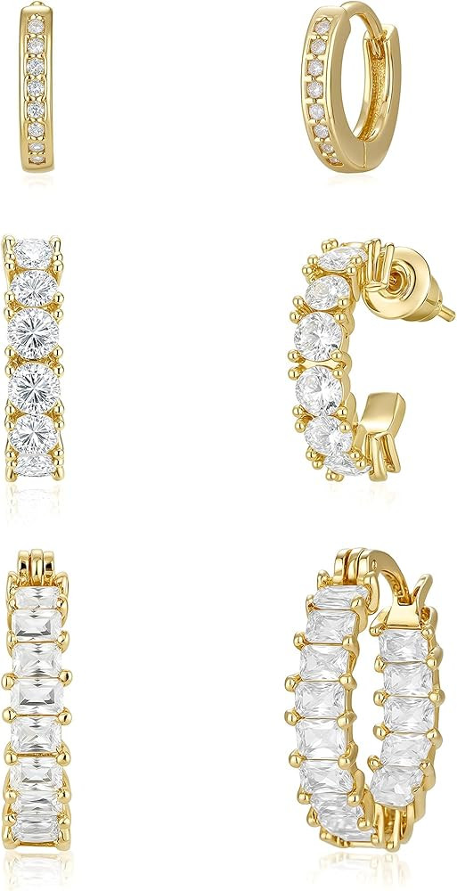 Gold Hoop Earrings Set for Women Trendy, 14K Gold Plated Chunky Hypoallergenic Small Diamond Cart... | Amazon (US)