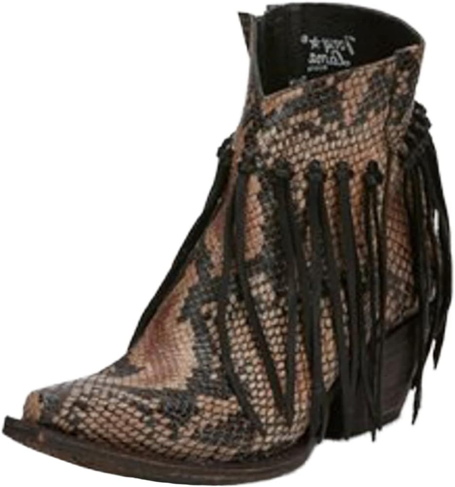 Tony Lama Womens Anahi Fringe Snake Snip Toe Casual Boots Low Heel 1-2" - Brown | Amazon (US)
