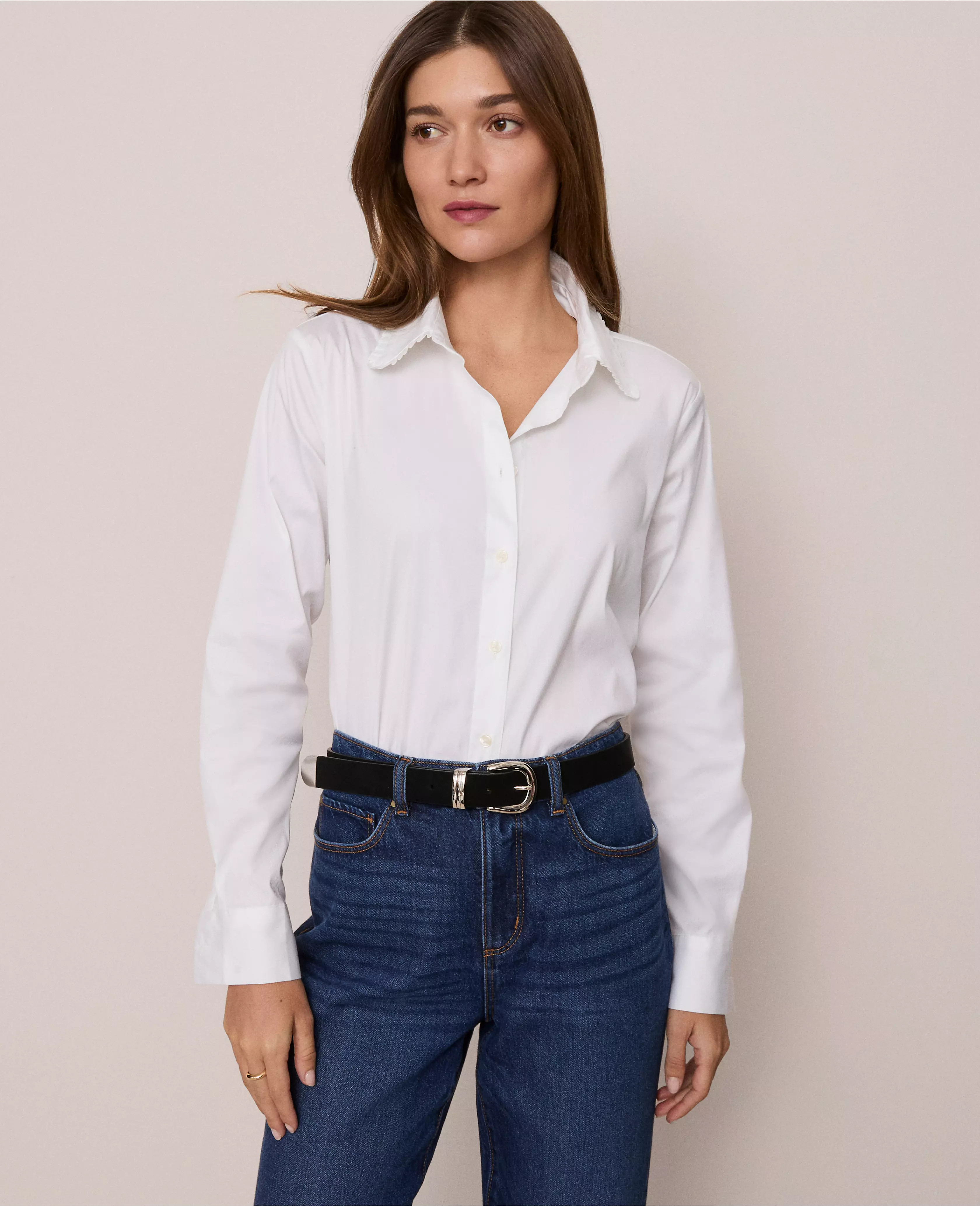 Petite Weekend Collection Ruffle Collar Modern Shirt | Ann Taylor