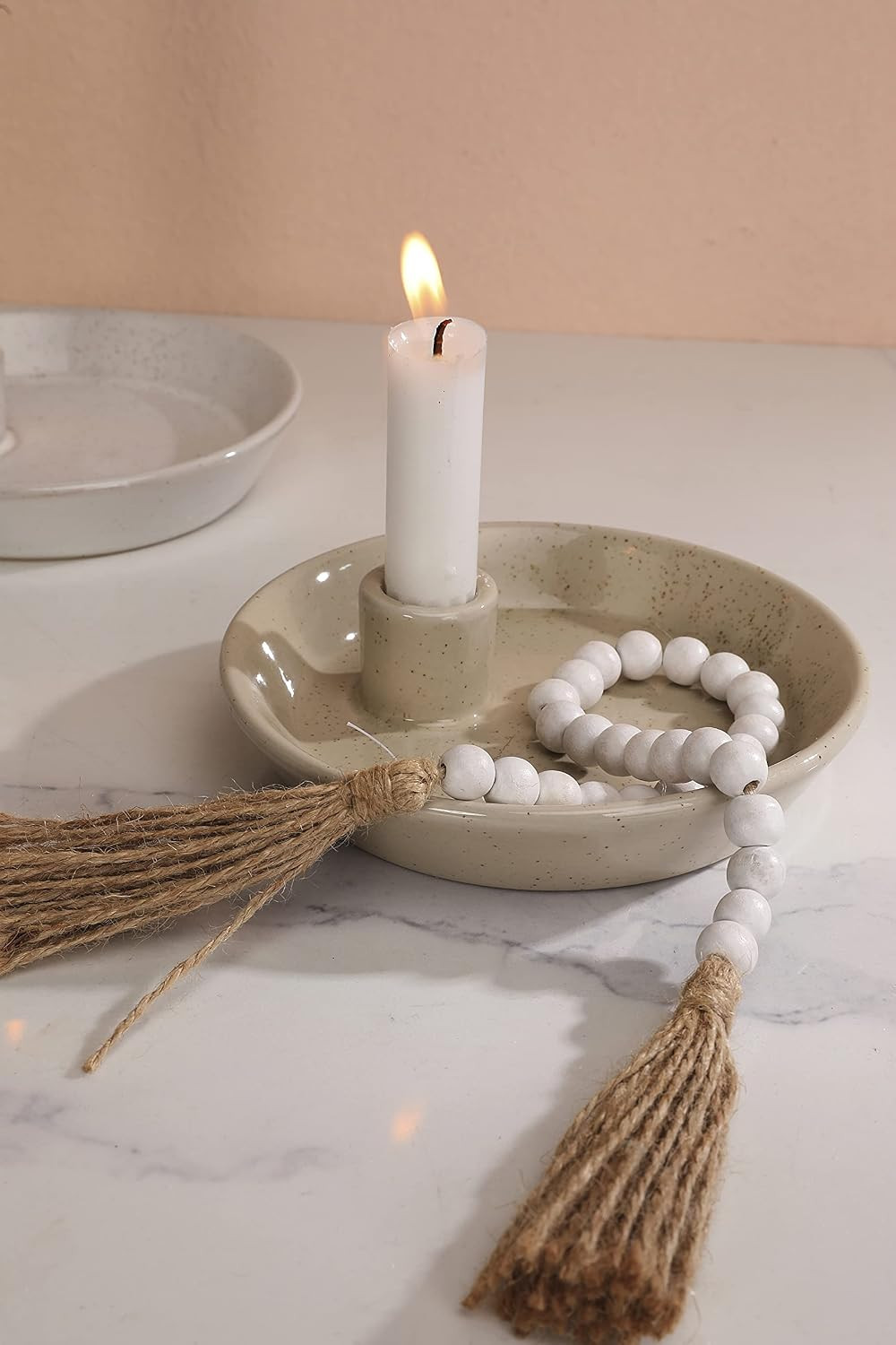 DN DECONATION Ceramic Candle Holder, Boho Candlestick Holder with Round Plate for Taper Candles, Unique Farmhouse Porcelain Candle Stick Holder for Meditation/Yoga Room Home Wedding Decor(Gray) | Amazon (US)