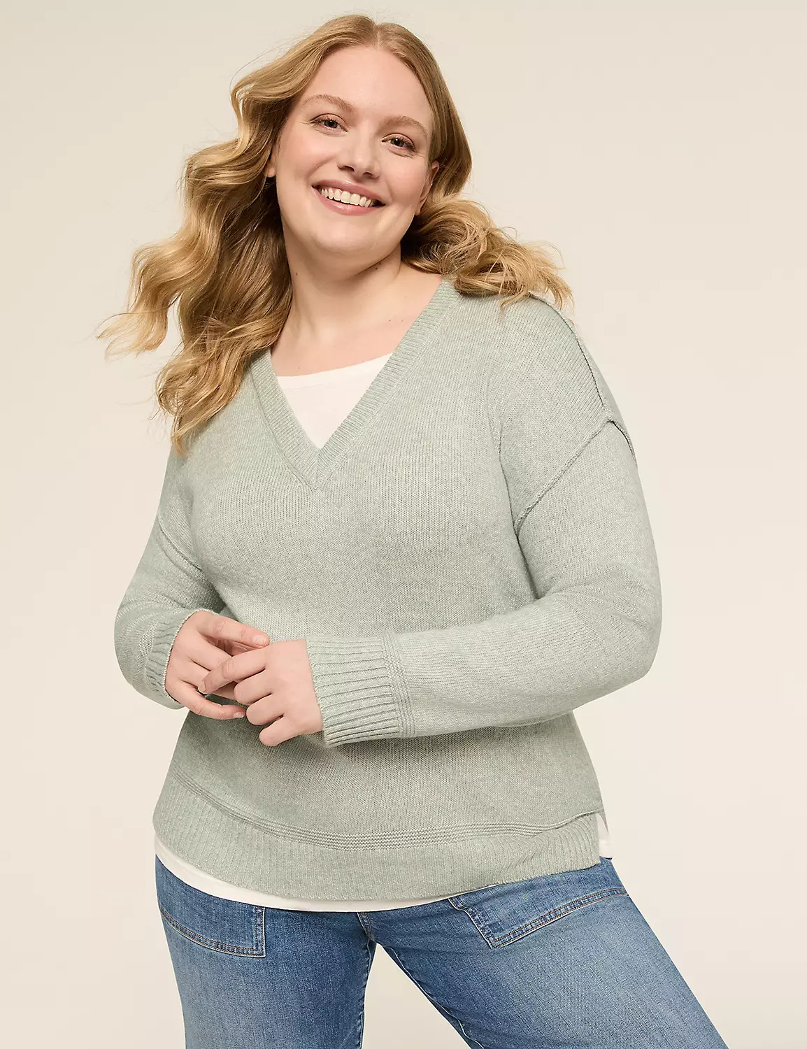 V-Neck Mix-Media Layered Sweater | LaneBryant | Lane Bryant (US)