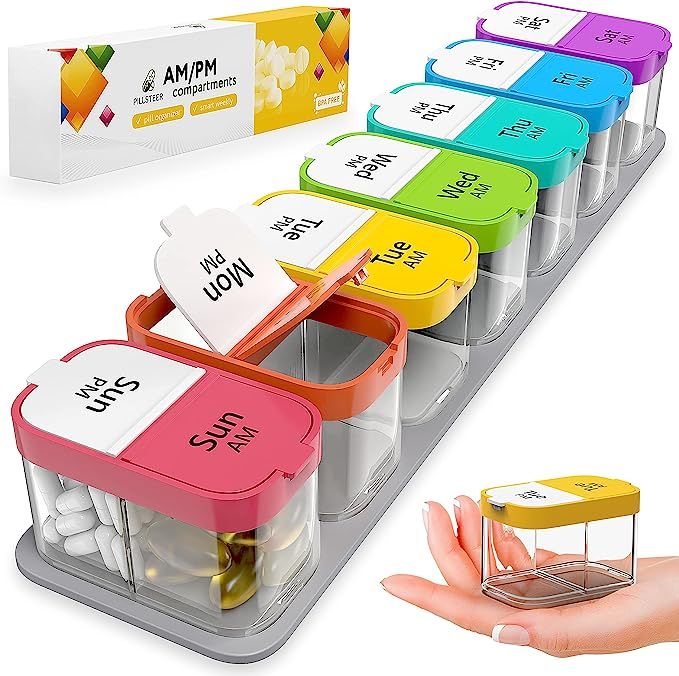 Large 7 Day Pill Organizer - 2 Times a Day Pill Box Case - XL Am Pm Pill Container Holder - Daily... | Amazon (US)