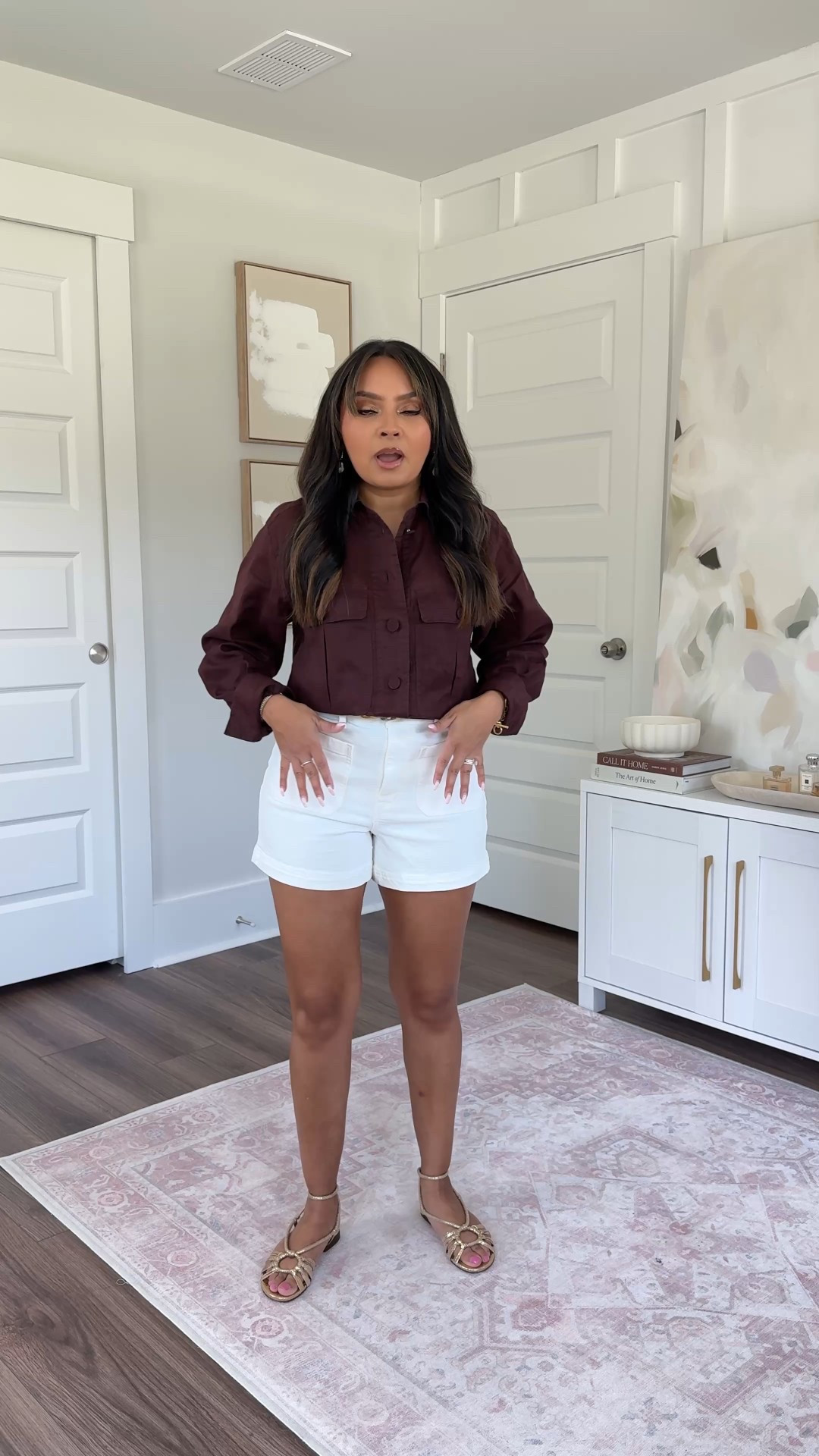 Brown chocolate raisin button down size xxs TTS 
White patch pocket shorts size 26 TTS 
Gold sandals size 5 TTS

#LTKPetite #LTKSaleAlert #LTKxMadewell