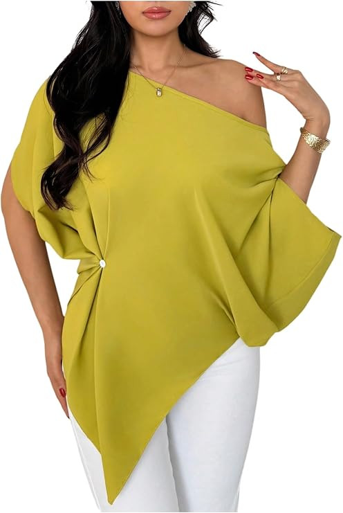 SHENHE Women's Off Shoulder Dolman Sleeve Blouses Asymmetrical Flowy Tops | Amazon (US)