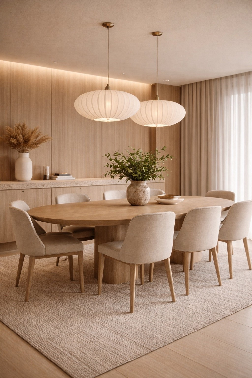 Beautiful modern dining room with a round wooden table, upholstered beige chairs and soft pendant lighting. Warm neutral tones, minimal decor and natural textures create a calm luxury interior perfect for modern homes and apartments.

#moderninterior #diningroomdesign #neutralinterior #modernhome #luxurydiningroom #rounddiningtable #minimalhome #interiorinspiration #warmminimalism #modernfurniture #pinteresthome #interiordesign
