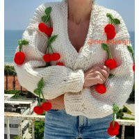 3D Cherry Knit Cardigan Chunky Wool Sweater | Etsy (US)