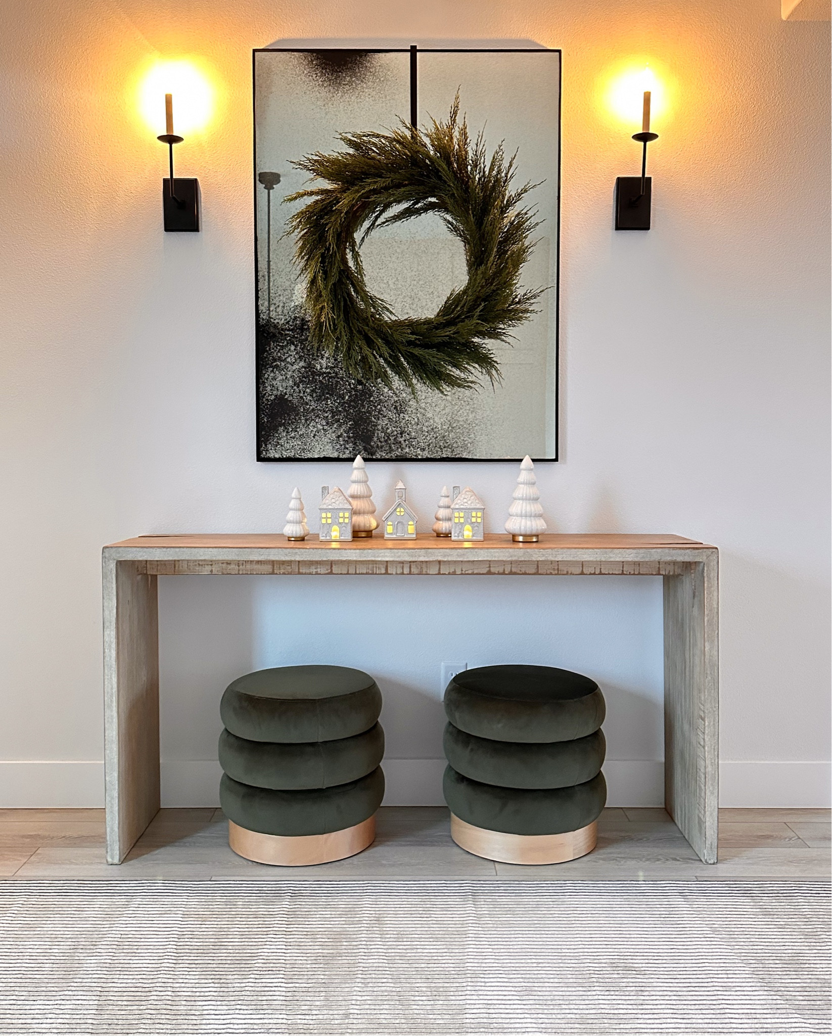 Simple Christmas entryway decor! 

#entrywaydecor #entrywayideas #christmasentryway #console #ottoman #mirror 