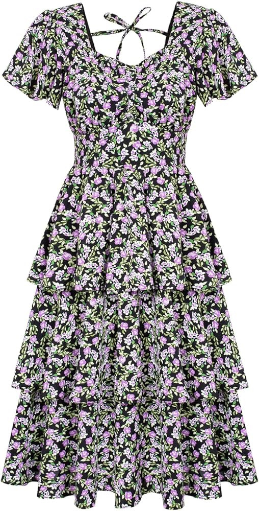 Belle Poque Women's Square Neck Tiered Ruffle Dress 2023 Summer Vintage Short Sleeve Layered A-li... | Amazon (US)